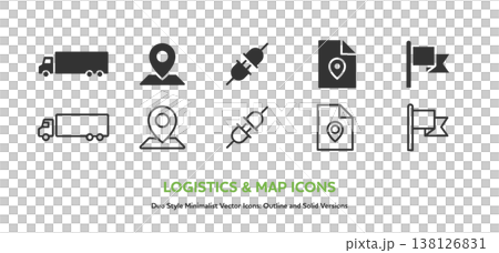 A set of icons related to logistics and navigation, including trucks and maps. Includes line art and filled vector graphics. A set of icons related to logistics and navigation, including trucks and maps. Includes line art and filled vector graphics. 138126831