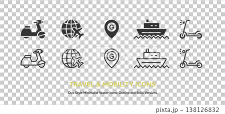 A set of icons for world travel and vehicles, including motorcycles, boats, and globes. Includes line art and colored vector graphics. A set of icons for world travel and vehicles, including motorcycles, boats, and globes. Includes line art and colored vector graphics. 138126832