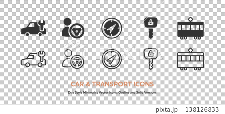 A set of icons for driving a car, vehicle inspections, trams, and other modes of transportation. Includes line art and colored vector graphics. 138126833