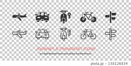 A set of icons for travel and outings, including airplanes and cars on the road. Includes line art and colored vector graphics. A set of icons for travel and outings, including airplanes and cars on the road. Includes line art and colored vector graphics. 138126834