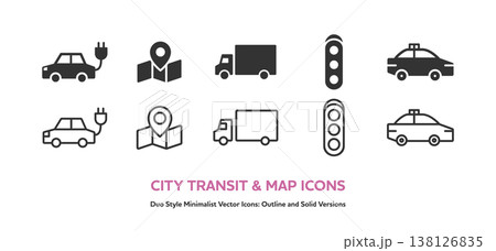 電気自動車やタクシー、トラックなど街の交通と地図のアイコンセット。線画と塗りのベクター素材 138126835