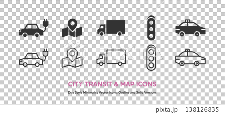電気自動車やタクシー、トラックなど街の交通と地図のアイコンセット。線画と塗りのベクター素材 138126835