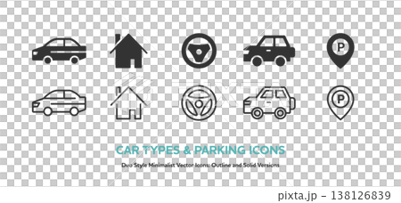 A set of icons for different types of cars (sports cars, SUVs, etc.), a house, and a parking lot. Includes line art and colored vector graphics. A set of icons for different types of cars (sports cars, SUVs, etc.), a house, and a parking lot. Includes line art and colored vector graphics. 138126839
