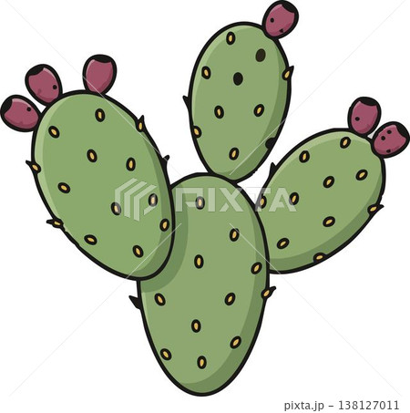 illustration of a green prickly pear cactus with purple fruits, featuring a clean black outline and isolated on a white background. 138127011
