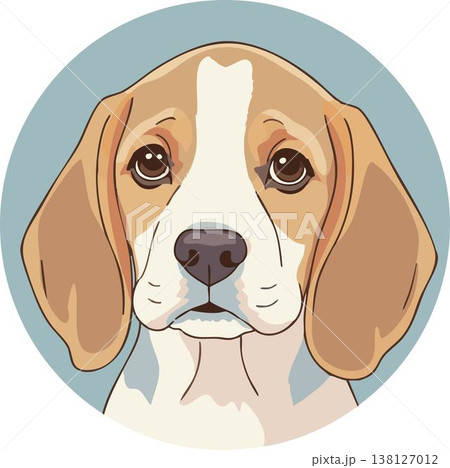 Detailed portrait of a beagle puppy with expressive brown eyes in a circular frame, featuring soft tan, white, and blue tones. 138127012