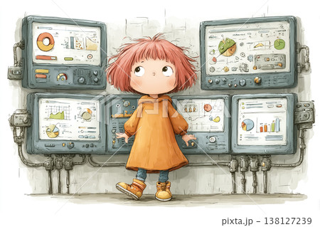 絵美シリーズ：データ画面の前に立つかわいいピンク髪の若い女性のイラスト素材 138127239