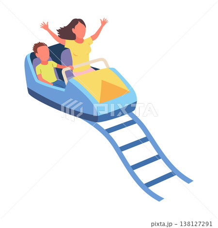 Roller coaster happy people. Rollercoaster. Friends riding in amusement park have fun positive emotion, park attractions. Young people having fun and enjoyment, cartoon vector illustration Roller coaster happy people. Rollercoaster. Friends riding in amusement park have fun positive emotion, park attractions. Young people having fun and enjoyment, cartoon vector illustration 138127291
