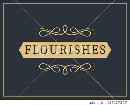 Flourishes calligraphic vintage ornamental background. Vector luxury invitation, restaurant menu or royalty certificate. Golden ornate page with swirls and vignettes elements 138127297