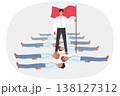 Businessman crushed competitors and holds red flag standing over exposed bodies of colleagues 138127312