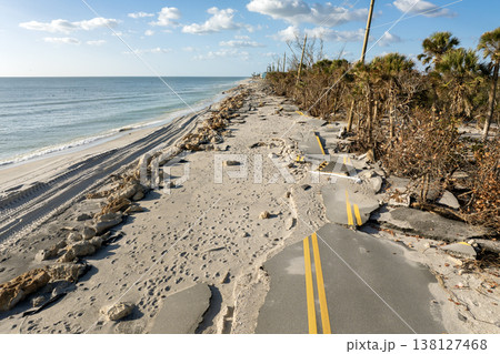 Hurricane Milton storm surge destroyed Manasota Key road at Blind Pass Beach. Severe damage to waterfront infrastructure in Florida 138127468