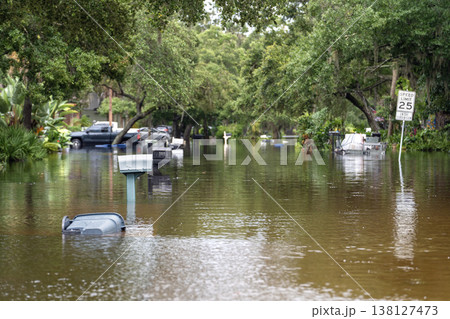 Hurricane Debby flooded street in Florida residential area. Aftermath of natural disaster caused by global warming Hurricane Debby flooded street in Florida residential area. Aftermath of natural disaster caused by global warming 138127473