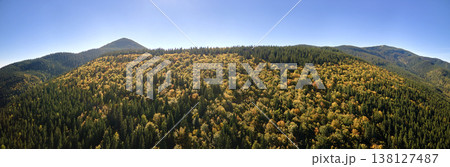 High hills with dark pine woods on autumn bright day. Amazing scenery of wild mountain woodland High hills with dark pine woods on autumn bright day. Amazing scenery of wild mountain woodland 138127487