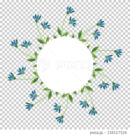 Round frame with hand drawn watercolor illustrations of summer plants, wild blue flowers, branches and leaves Round frame with hand drawn watercolor illustrations of summer plants, wild blue flowers, branches and leaves 138127526