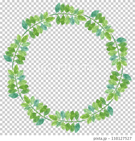 Round frame with hand drawn watercolor illustrations of summer plants, branches and leaves 138127527