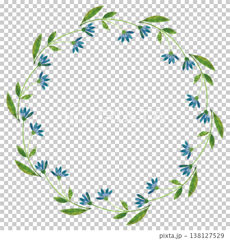 Round frame with hand drawn watercolor illustrations of summer plants, blue flowers 138127529