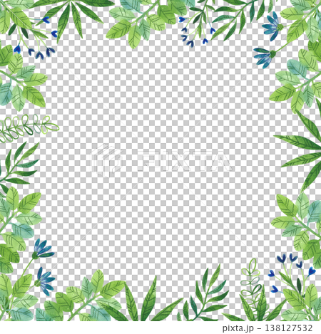 Square frame with watercolor illustrations of summer plants, wildflowers, branches and leaves. 138127532
