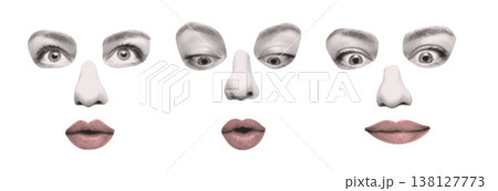 Funny crazy collage faces set. Retro halftone eyes, nose and lips cutout from newspaper. Vintage pop art anonymous emotion vector illustration for punk zine, weird poster or trendy streetwear print. 138127773