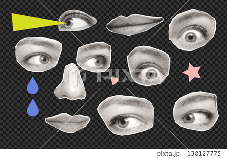 Emotional face anatomy cutout set. Retro halftone eyes, nose, lips, tear drops and stars on transparent grid. Vintage pop art collage vector elements bundle for punk zine, sticker or surreal brutalism 138127775