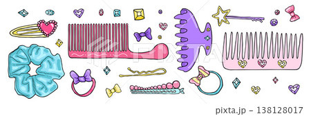 Hair design fashion for vector accessory isolated and illustration woman beauty. Set girl clip for bow ribbon hair and pin band hairpin. Hair decoration equipment for vector hairstyle design Hair design fashion for vector accessory isolated and illustration woman beauty. Set girl clip for bow ribbon hair and pin band hairpin. Hair decoration equipment for vector hairstyle design 138128017