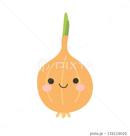 Onion cartoon illustration and food vector isolated with healthy plant vegetable. Cooking cute design and onion character icon with smile face cartoon. Natural onion farm and nutrition food 138128020