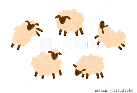 Set of cute white fluffy sheep with curly wool in different poses. Simple flat style, isolated on white. Great for farm, livestock, and nursery projects Set of cute white fluffy sheep with curly wool in different poses. Simple flat style, isolated on white. Great for farm, livestock, and nursery projects 138128166