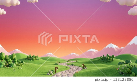 Winding stone path through green hills and mountains under vibrant fantasy sky 138128886