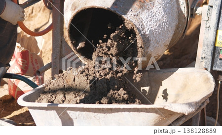 Wet Concrete Pouring From Mixer Into Wheelbarrow On Dirt Surface, Hands Guiding Flow And Boots Near Rim, Active Onsite Transfer For Smallscale Pour With Gritty Splatter And Tool Marks Wet Concrete Pouring From Mixer Into Wheelbarrow On Dirt Surface, Hands Guiding Flow And Boots Near Rim, Active Onsite Transfer For Smallscale Pour With Gritty Splatter And Tool Marks 138128889