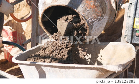Fresh Concrete Pouring Into Wheelbarrow, Wet Grey Mix Flowing From Portable Mixer Into Rusted Steel Wheelbarrow, Coarse Aggregate And Sand Visible, Bootprints And Dust Around, Sunlight Fresh Concrete Pouring Into Wheelbarrow, Wet Grey Mix Flowing From Portable Mixer Into Rusted Steel Wheelbarrow, Coarse Aggregate And Sand Visible, Bootprints And Dust Around, Sunlight 138128893