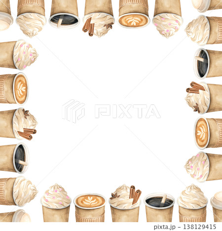Watercolor frame of to-go coffee cups. Cappuccino, Americano, and frappe with whipped cream and cinnamon. Coffee hand-drawn on a white background. Template for menus, print, coffee shops. Watercolor frame of to-go coffee cups. Cappuccino, Americano, and frappe with whipped cream and cinnamon. Coffee hand-drawn on a white background. Template for menus, print, coffee shops. 138129415