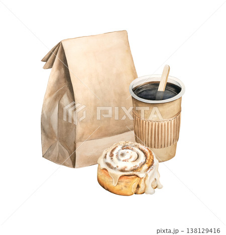 A composition of Americano coffee, Cinnabon, and a paper pastry bag. Watercolor vintage elements of a coffee-to-go theme on a white background. Perfect for coffee shop, print, cafes, and restaurants. A composition of Americano coffee, Cinnabon, and a paper pastry bag. Watercolor vintage elements of a coffee-to-go theme on a white background. Perfect for coffee shop, print, cafes, and restaurants. 138129416