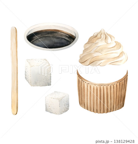 Sugar, whipped cream, cupholder, and cappuccino stirrer. A set of watercolor elements for a coffee-to-go theme on a white background in beige. 138129428