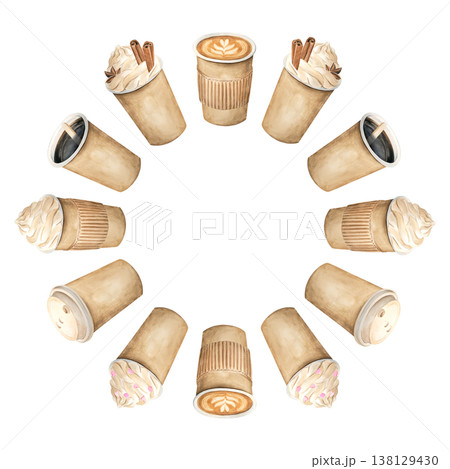A circular frame made of takeaway coffee cups. Cappuccino, latte, and frappe with whipped cream and cinnamon. A hand-painted watercolor illustration on a white background. A circular frame made of takeaway coffee cups. Cappuccino, latte, and frappe with whipped cream and cinnamon. A hand-painted watercolor illustration on a white background. 138129430