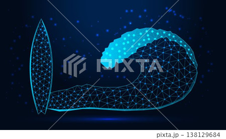 Low poly wireframe surfboard and ocean wave on dark blue background. Low poly wireframe surfboard and ocean wave on dark blue background. 138129684