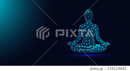 Low poly wireframe yoga woman in lotus position on dark blue background. Low poly wireframe yoga woman in lotus position on dark blue background. 138129685