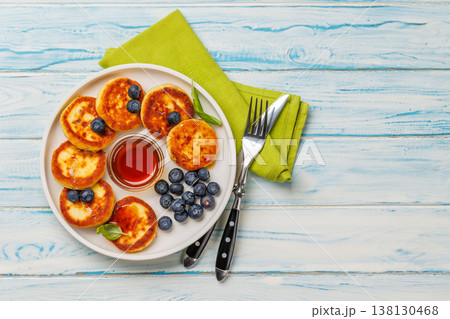 Homemade pancakes with blueberries and syrup Homemade pancakes with blueberries and syrup 138130468