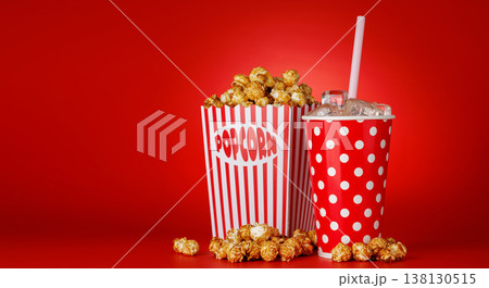 Popcorn and cola on red background 138130515