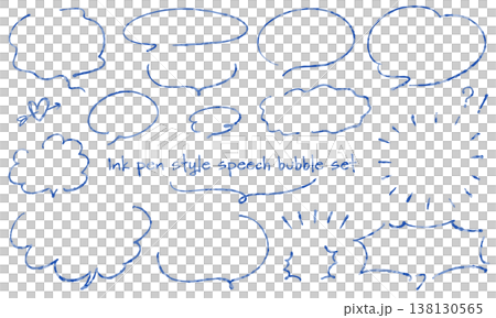 手描きインクペン風の青インクで描いたテクスチャ感とインク溜まりのある吹き出しと装飾セット 手描きインクペン風の青インクで描いたテクスチャ感とインク溜まりのある吹き出しと装飾セット 138130565