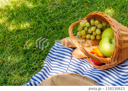 Picnic basket with fruits, and baguette on a sunny green meadow 138130623