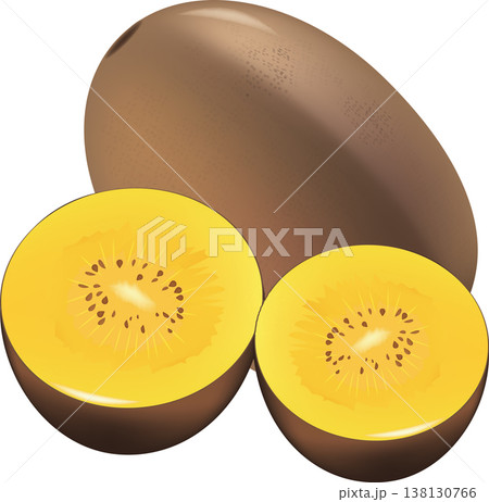 Whole and halved golden kiwi fruits showing ripe yellow flesh 138130766