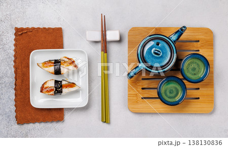 Eel sushi set with tea and teapot Eel sushi set with tea and teapot 138130836