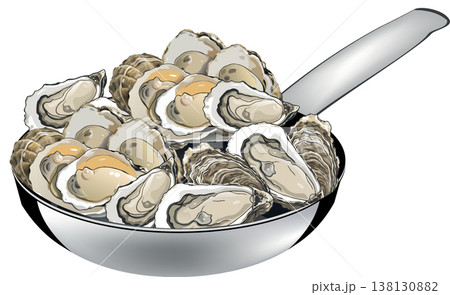 Fresh oysters cooking in a stainless steel pan Fresh oysters cooking in a stainless steel pan 138130882