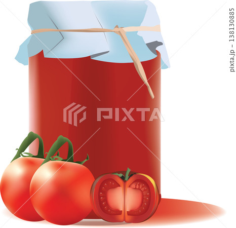 Glass jar full of tomato sauce with fresh tomatoes around 138130885