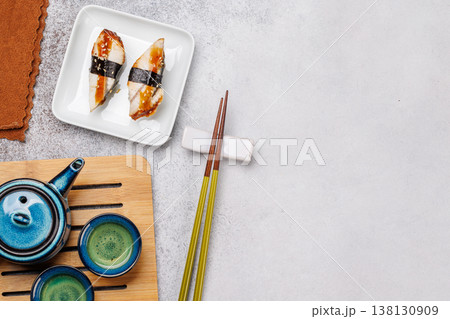 Eel sushi set with tea and teapot 138130909