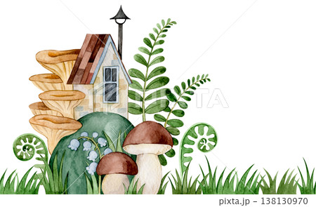 seamless watercolor border of autumn. cute forest house and mushrooms. seamless watercolor border of autumn. cute forest house and mushrooms. 138130970