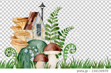 seamless watercolor border of autumn. cute forest house and mushrooms. seamless watercolor border of autumn. cute forest house and mushrooms. 138130970
