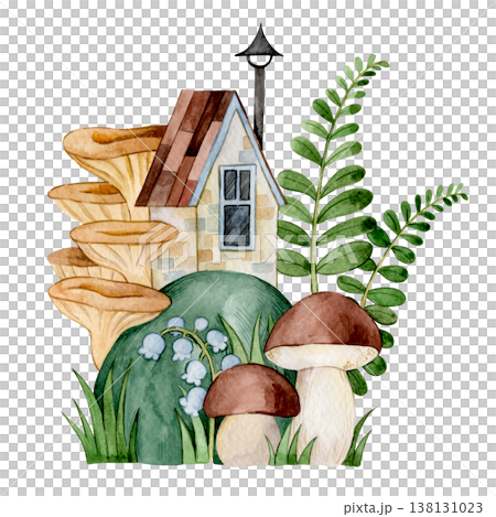 Cute watercolor illustration. Forest house. Fairytale drawing for children. 138131023