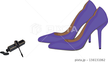 Pair of purple high heels with mascara illustrating fashion and beauty 138131062