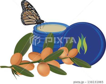 Monarch butterfly tasting organic argan cream from a blue jar 138131065