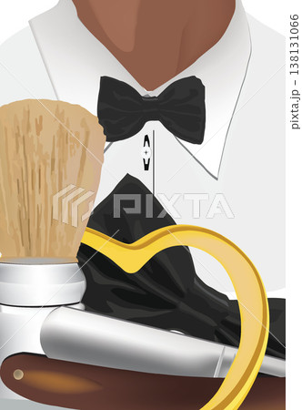 Barber holding shaving brush and straight razor getting ready for customer Barber holding shaving brush and straight razor getting ready for customer 138131066