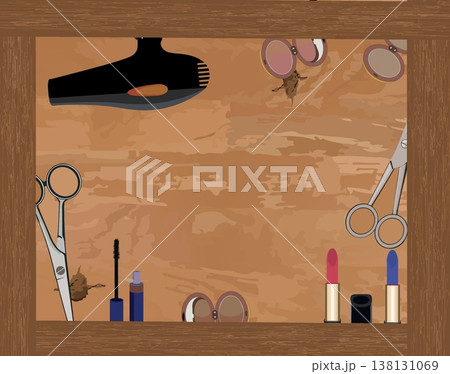 Hairdressing supplies forming a frame on wooden shelf background 138131069